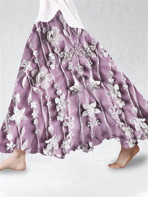 3D Floral Vines Lace Linen Blend Flowy Wide Skirt
