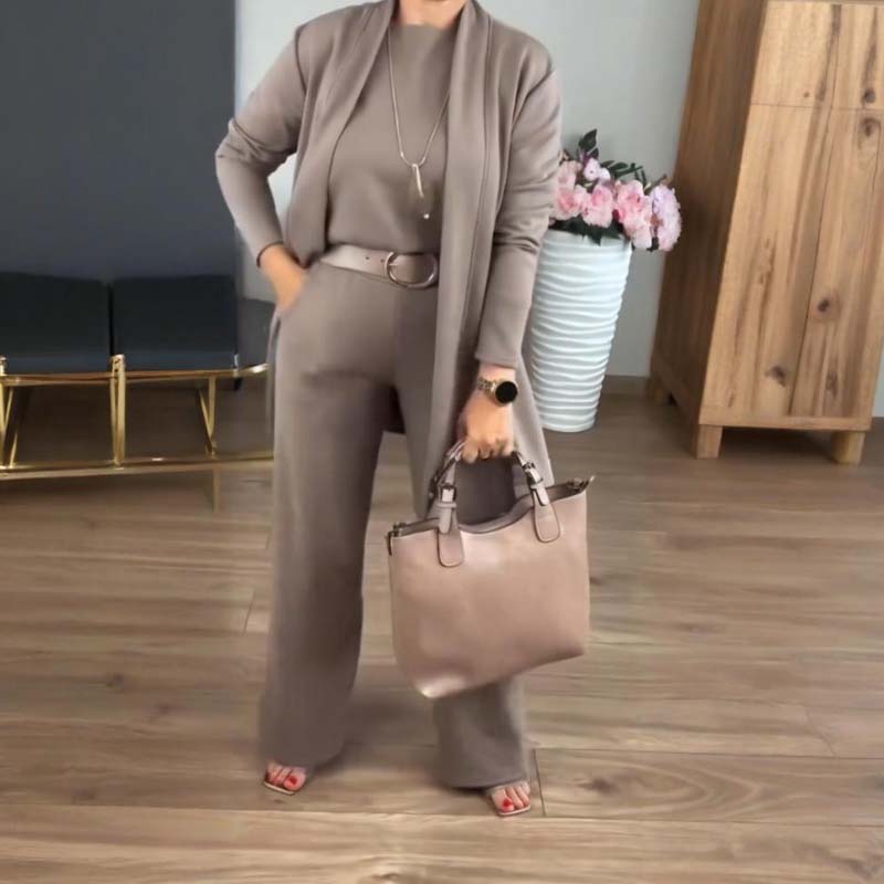 Elegant 3-piece set including long cardigan, top and pants